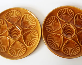 Two vintage Ceramic majolica France Oyster Plates, French amber honey brown glaze, shell design, 7 compartments