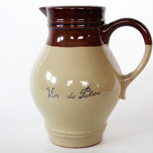 French vintage ceramic pitcher, Vin du Patron, water pitcher, wine jug, wine pitcher, 1 liter, bistro Barware