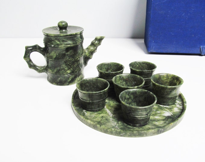 Vintage Green Jade Sake Set chinese Wine Set, Tray, 6 Sake Glasses and