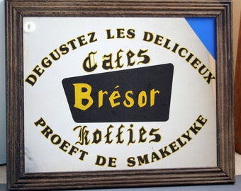 Large vintage advertisement mirror, Belgium Bresor coffee, wood frame, bar decoration, advertising, game room, restaurant pub