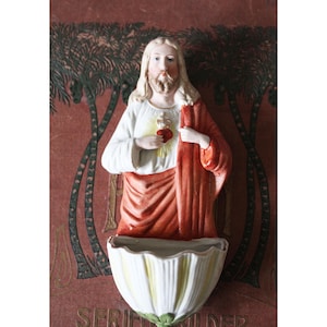Antique bisque porcelain Holy water stoup, holy water font, polychrome Jesus benitier Sacred Heart Catholic religious decor