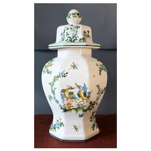 Large French earthenware faience ceramic jar, Lallier a Moustiers, Angers France, hand painted, lidded ginger jar, signed original label