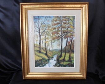 Vintage acrylic painting and wood frame, country scene woodland, gilded frame, palette knife painting