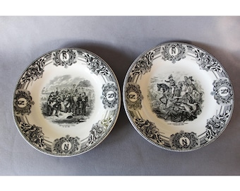 Set of two Vintage ceramic Boch Freres Keramis Belgium plates, Napoleon Bonaparte historical scenes, Massena Zurich, Marechal Lannes