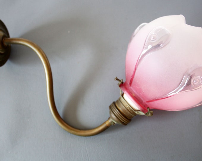 Antique Art Nouveau French Sconce, Wall Light, Hand Made Pink Glass