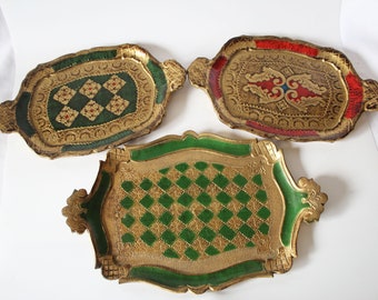 Set of 3 vintage serving tray, Florentine Italy, Venetian, bar tray, dresser vanity, emerald green and red, wood and plastic