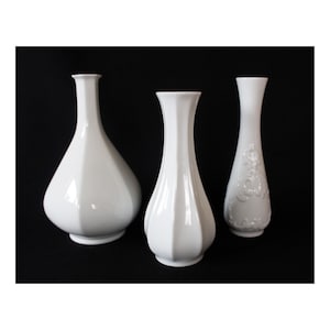 Set of three vintage porcelain white vase, Royal KPM Bavaria Germany, AK Kaiser West Germany, trio, white glaze, circa 1970s, collection