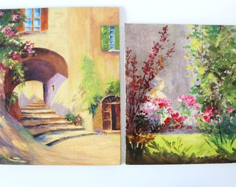 2 Vintage acrylic paintings, souvenir, french garden, South of France street view, linen cloth mat, palette knife painting, signed by artist