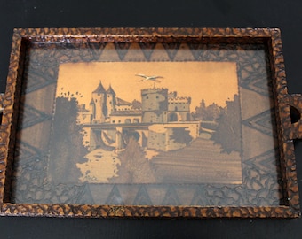 Vintage Boli Louis Bollinger French pyrography wood small tray, castle in Metz, France souvenir, signed Boli, bar tray, mid 20th century