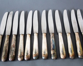 Antique Regency style 12 Dinner knives, large knives, French floral, silver plated France, metal, Louis XV design, flatware, light scratches