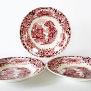 3 Antique 19th century Castillo Petrus Regout Royal Sphinx Maastricht ceramic pink red deep plates / soup bowls, Holland Dutch transferware
