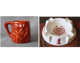 Vintage Masonic Masonry object, French porcelain ashtray, Belgium Coceram Boschman mid century large mug, Freemason