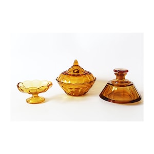 Set of 3 piece Art Deco amber crystal and glass vanity set, Val Saint Lambert Luxval small bowl, Belgium lidded bowl, crystal perfume bottle