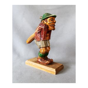 Large vintage handmade Tyrolean carved wood nut cracker, Black Forest Alp man, holds and breaks nuts, collector, novelty, hat reglued
