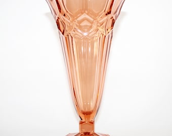 Large Art Deco vintage glass vase, pink rosaline art glass vase, Czechoslovakian, pressed glass, tulip vase, geometric,