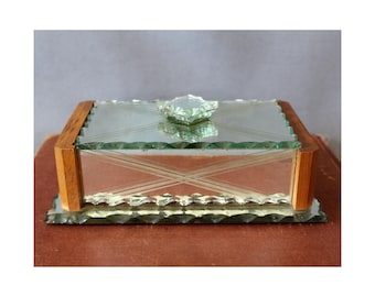 Vintage French mirror box, beveled mirror, cut mirror, wood base, lined inside, trinket box, Art Deco style, jewelery box, vanity box