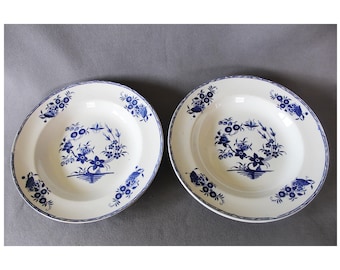Set of 2 Antique ceramic dinner deep plates, bowl, Boch Freres Keramis BFK Grand Bouquet, mouche design country farmhouse Belgium, 19th cent