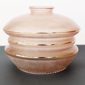 Large Art Deco circa 1930s frosted pink Glass Globe, Light Shade, frosted glass, lighting, ceiling light fixture, gold rims, ruffle rim base
