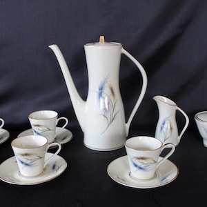 Set of 17 piece vintage Edelstein Bavaria Porcelain coffee set, 6 cups and saucer, lidded sugar bowl, creamer, coffee pot with lid