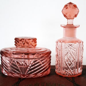 Art Deco circa 1930s pink glass perfume bottle and lidded box, pressed glass, glass stopper, vanity, geometric, jewelry box, trinket box