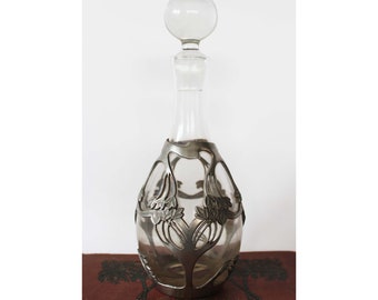 Vintage Art Nouveau style pewter and glass decanter, glass carafe, maker's mark Belgium Les Potstainiers Hutois Finstain, barware, bar decor