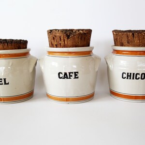 Set of Three Vintage French LML Limoges salt glaze ceramic pot, Stoneware kitchen jar, earthenware crock pot, cork lid, country farmhouse