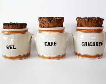 Three Vintage French LML Limoges salt glaze ceramic pot, Stoneware kitchen jar, earthenware crock pot, cork lid, country farmhouse