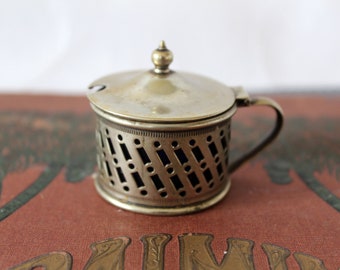 Antique EPNS silver plated Mustard Pot with bristol blue glass liner, engine turned chased design, Empire Regency or Victorian