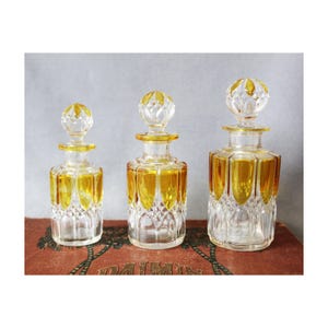 Art Deco 3 piece perfume bottle set, Val Saint Lambert Luxval, 1908 model Valembert, Belgium glass, art glass, amber clear