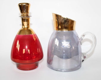 Set of Vintage Art Deco glass Liquor Decanter and water jug, lemonade pitcher, Laeken Belgium, gold rims, carafe, cranberry, barware, retro