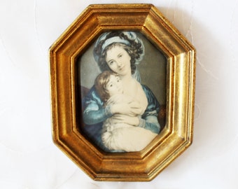 Vintage octagonal gilt frame with an Italian Silk Art, Elisabeth Vigee-Lebrun silk print, print on silk, gold tone accents, wall hanging