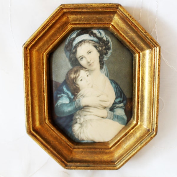 Vintage octagonal gilt frame with an Italian Silk Art, Elisabeth Vigee-Lebrun silk print, print on silk, gold tone accents, wall hanging