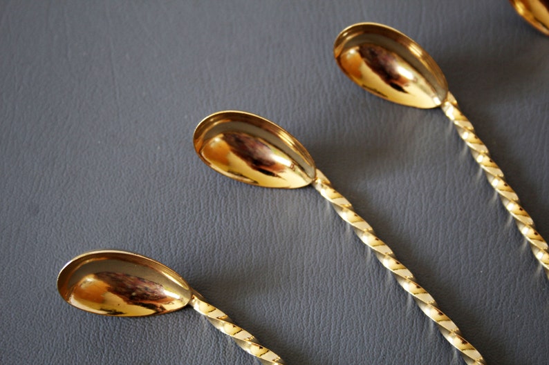 6 Vintage bar spoons, long-handled spoons, cocktail spoons, gold colored, original box, barware, twirl spoon image 4