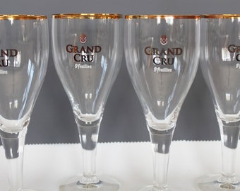 4 Tall Belgium Collectors beer glass, Grand Cru St Feuillien, barware, drinkware, gold colored rim, chalice shaped