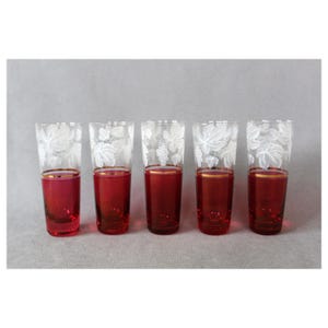 Puede incluir: Conjunto de cinco vasos de chupito de vidrio rojo con un diseño de vid grabado en blanco y una banda dorada alrededor de la parte superior.