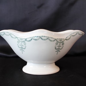 Antique Vintage French Moulin des Loups Hamage ceramic sauce bowl, ceramic saucer gravy boat, green flower motif, country farmhouse kitchen