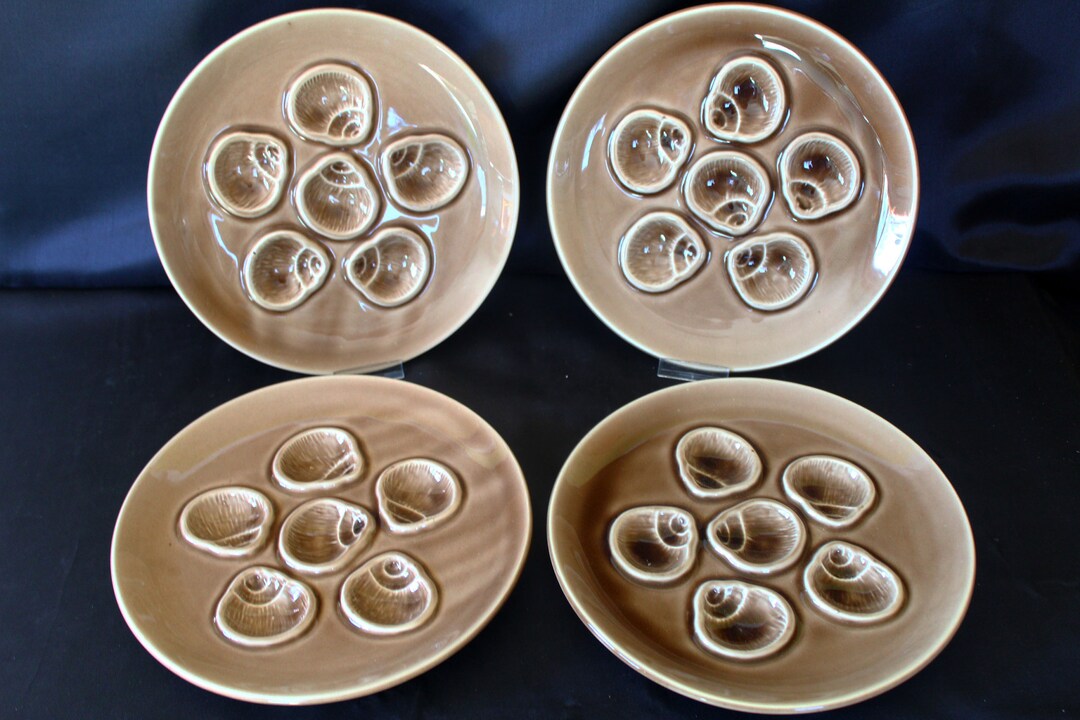 4 Brown Vintage Ceramic Escargot Plates, Recessed Design to Hold the