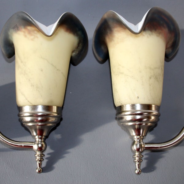 2 large Art Deco style French glass pate de verre sconce, signed Vianne, wall light, modern metal fixture, art glass, Made in France, pair