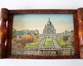 Vintage Boli Louis Bollinger French pyrography wood tray, Paris Sacre Coeur Montmartre, France souvenir, signed, bar tray, mid 20th century