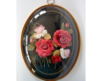 Large vintage French pink satin roses in a Convex front, bubble shaped, domed plastic, mid century France, velvet, metal frame