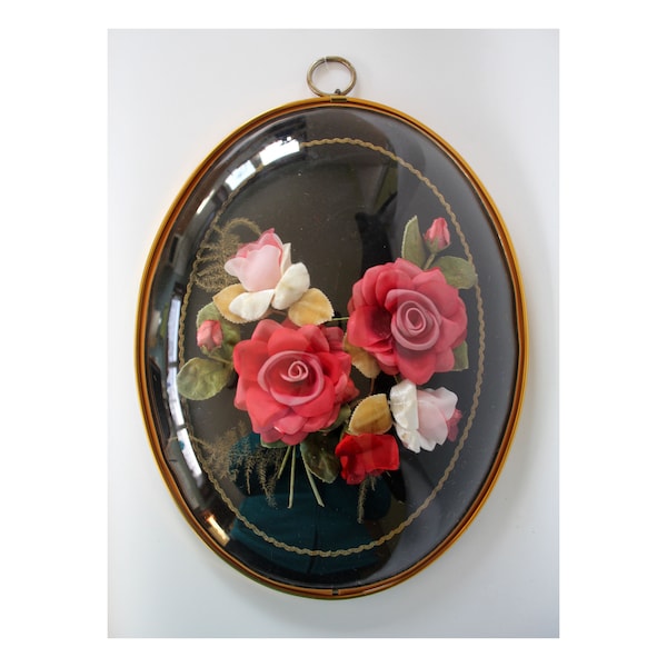 Large vintage French pink satin roses in a Convex front, bubble shaped, domed plastic, mid century France, velvet, metal frame