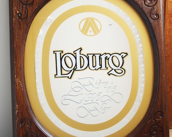 Extra large Vintage advertisement mirror, Belgium beer Loburg, wood frame, bar decoration, advertising, game room, restaurant pub