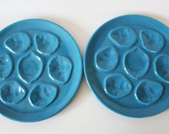 Two vintage Ceramic majolica Niderviller France Oyster Plates, French blue glaze, shell design, 7 compartments