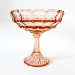 Large Art Deco pink rosaline glass compotier, pedestal dish, compote, fruit bowl, Scailmont Belgium, Dessert pedestal platter, pressed glass