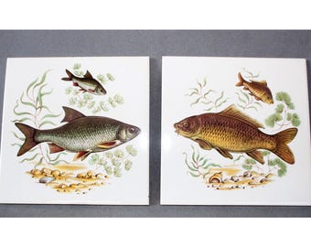 Set of two Vintage Villeroy and Boch Mettlach Saar ceramic tile art, fish motif, coaster, trivet, Germany