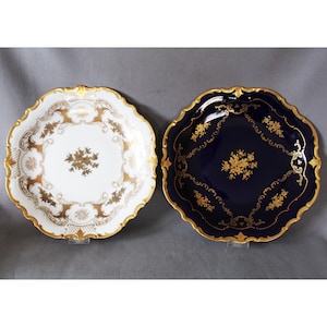 Set of 2 Large Vintage porcelain Reichenbach Germany serving platters, large plates,  cobalt blue, gold gilding decoration, roses flowers