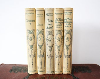 5 Vintage French language books, Nelson Classical Literature, Paris, 1930s, cream coloured, Dumas, Daudet, Bruyere, Genevoix, collector deco