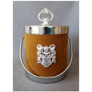 Vintage 1970s ice bucket heraldic coat of arms, suit of armor, brown camel color velvet, chrome plastic, novely ice bucket, barware, crest