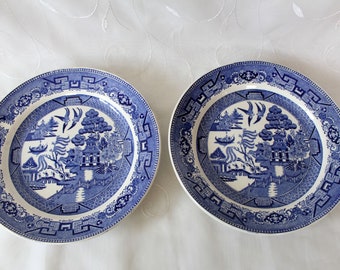 19th century Rare 2 antique collectible plates, JB Cappellemans Aine Jemappes Belgium, Willow patters, ironstone ceramic blue and white