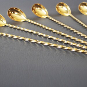 6 Vintage bar spoons, long-handled spoons, cocktail spoons, gold colored, original box, barware, twirl spoon image 6